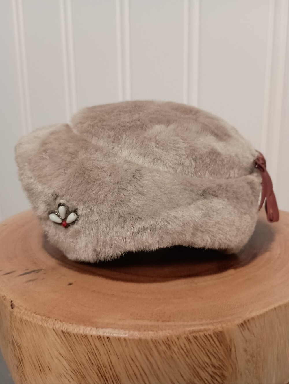 Vintage- Faux Fur Beret with Decorative Brooch - Taupe